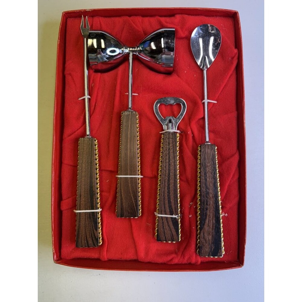 Vintage 60s Swank Bar Tool Set Wood Gold Trim Silver Tools NEW